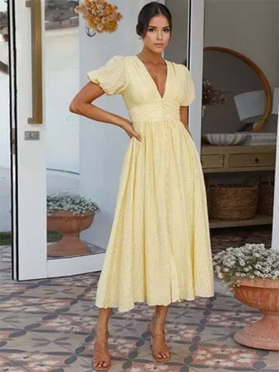 Commense Dresses & Skirts - Commense Butter Yellow Plaid Picnic Whimsy Cottage Button Front Maxi Dress NWT M